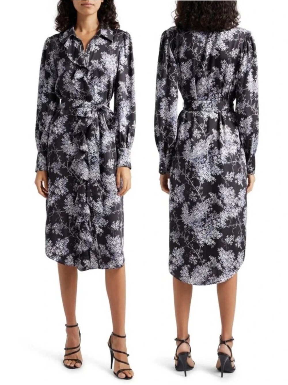 Cinq a Sept Charley Floral Print Black Ruffle Midi Shirtdress Size 12